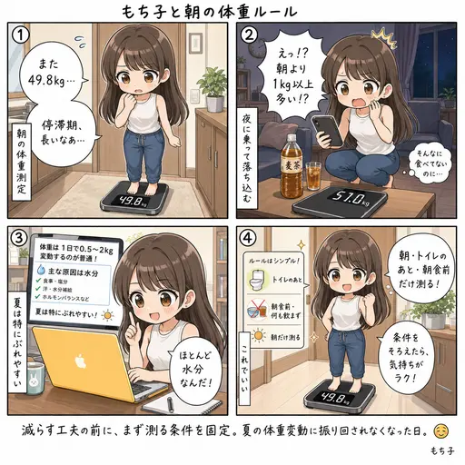 体重の停滞期は、測る時間を固定したら気にならなくなった。夏は1日で1kg以上動くと知ったから(4コマ漫画)