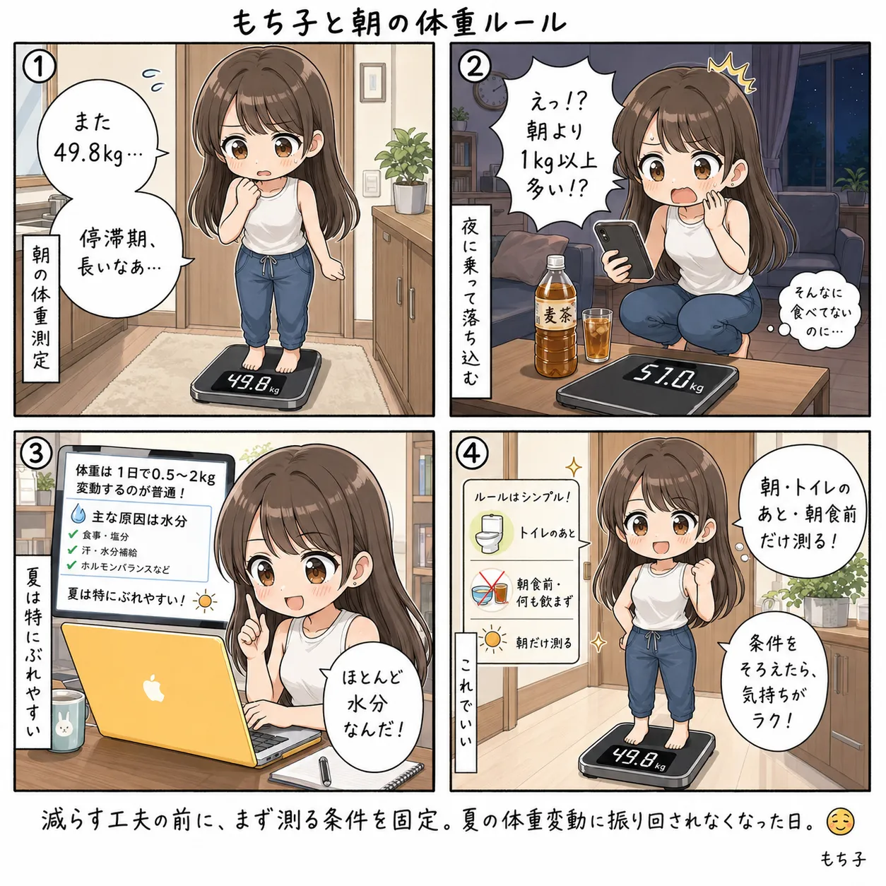 もち子、停滞期で体重49.8kgから動かない朝。夜に乗ったら1kg以上多くて落ち込んだけれど、正体はほとんど水分だった。朝・トイレのあと・朝食前だけ測ると決めたら気持ちが楽になった話(4コマ)