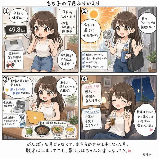 7月のふりかえり。体重49.8kgで停滞したまま、猛暑に全面降伏した1ヶ月。でも暮らしはいちばん楽になった(4コマ漫画)
