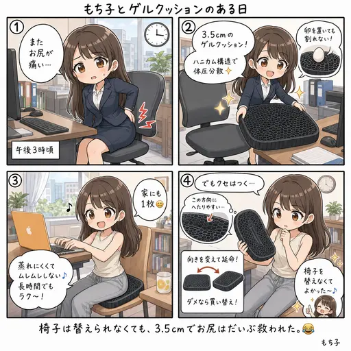ゲルクッションでデスクワークのお尻の痛みが消えた。卵が割れないハニカム構造を、会社と家に1枚ずつ(4コマ漫画)