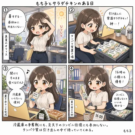 サラダチキンは常温保存できるバータイプが便利。夏のオフィスランチ、デスクの引き出しがタンパク質置き場になった(4コマ漫画)