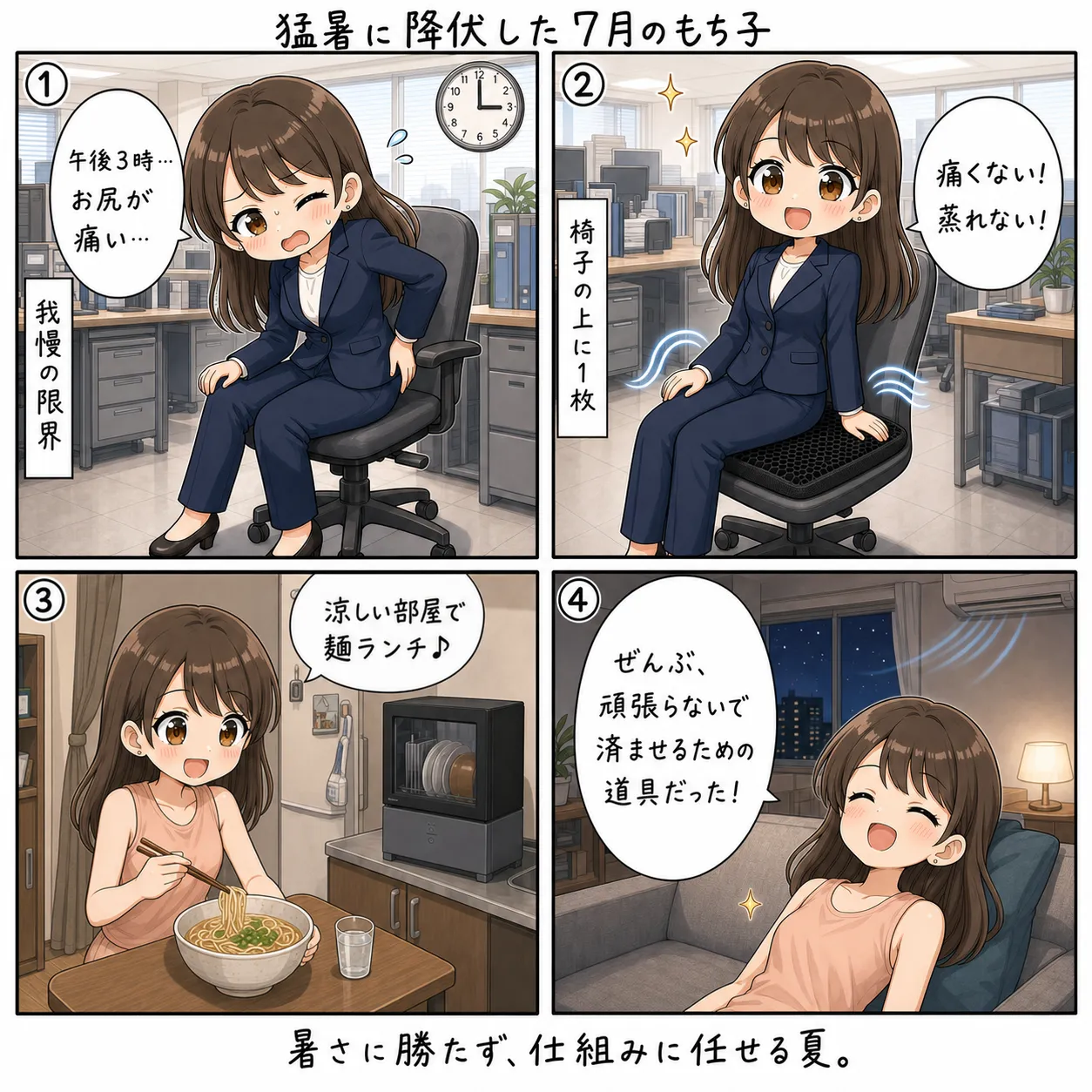 猛暑に降伏した7月のもち子、買ってよかったものを棚卸しして「ぜんぶ頑張らないための道具だった」と気づく(4コマ)