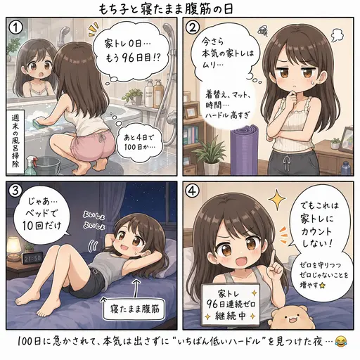 寝たまま腹筋を始めた。家トレ0日が100日目前だったから、ベッドを出ずにできることだけやることにした(4コマ漫画)