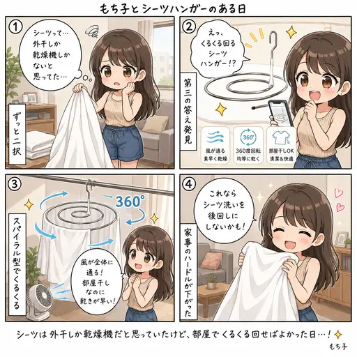 シーツハンガーで部屋干ししたら、すぐ乾いた。外に干すか乾燥機しかないと思っていたシーツ問題の解決策(4コマ漫画)