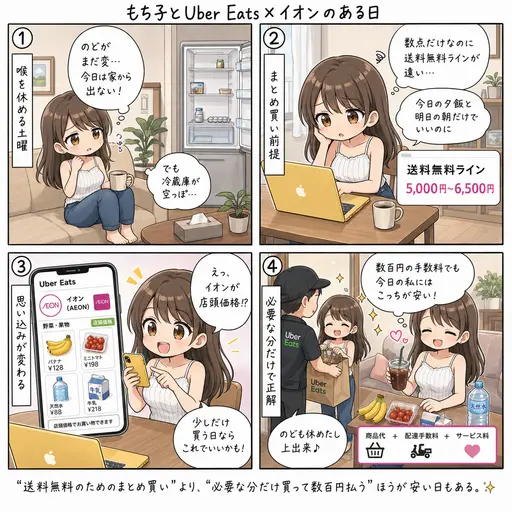Uber Eatsでイオンの食料品を頼んだら店頭価格だった。喉を休める土曜、少しだけ買いたい日の正解(4コマ漫画)
