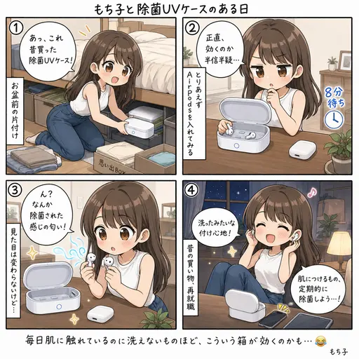 除菌UVケースでAirPodsを除菌したら、洗ったような付け心地だった。ベッド下から発掘した昔の買い物が再就職した話(4コマ漫画)