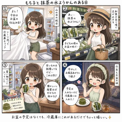 水ようかんの抹茶が、子供の頃のお盆の味だった。山の日を仕込み日にしたら、買い物かごに入っていた(4コマ漫画)