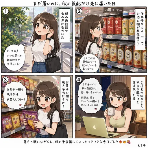 まだ暑いのに、秋の気配だけ先に届いた。朝の虫の声と、スーパーに並び始めた秋のお酒と焼き芋味のお菓子(4コマ漫画)