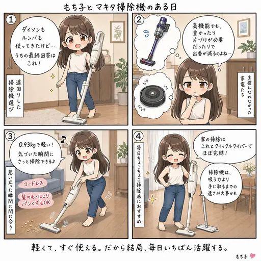マキタの充電式クリーナCL116DWIに落ち着いた。ダイソンもルンバも使ってきた私の、掃除機の最終回答(4コマ漫画)