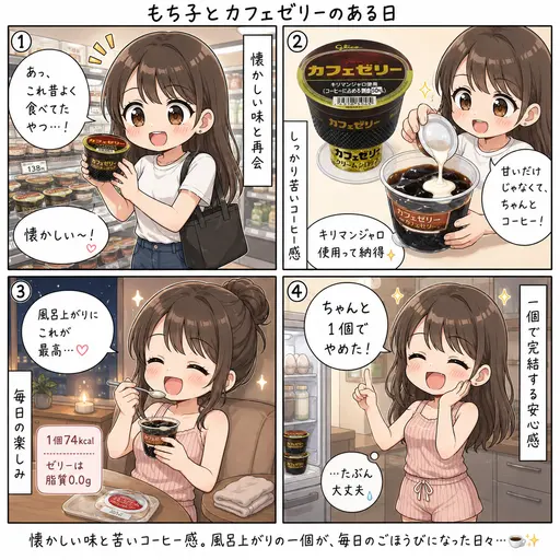 グリコのカフェゼリーが、市販のコーヒーゼリーで一番おいしい。昔食べてた懐かしい味に、風呂上がりを支配されている(4コマ漫画)