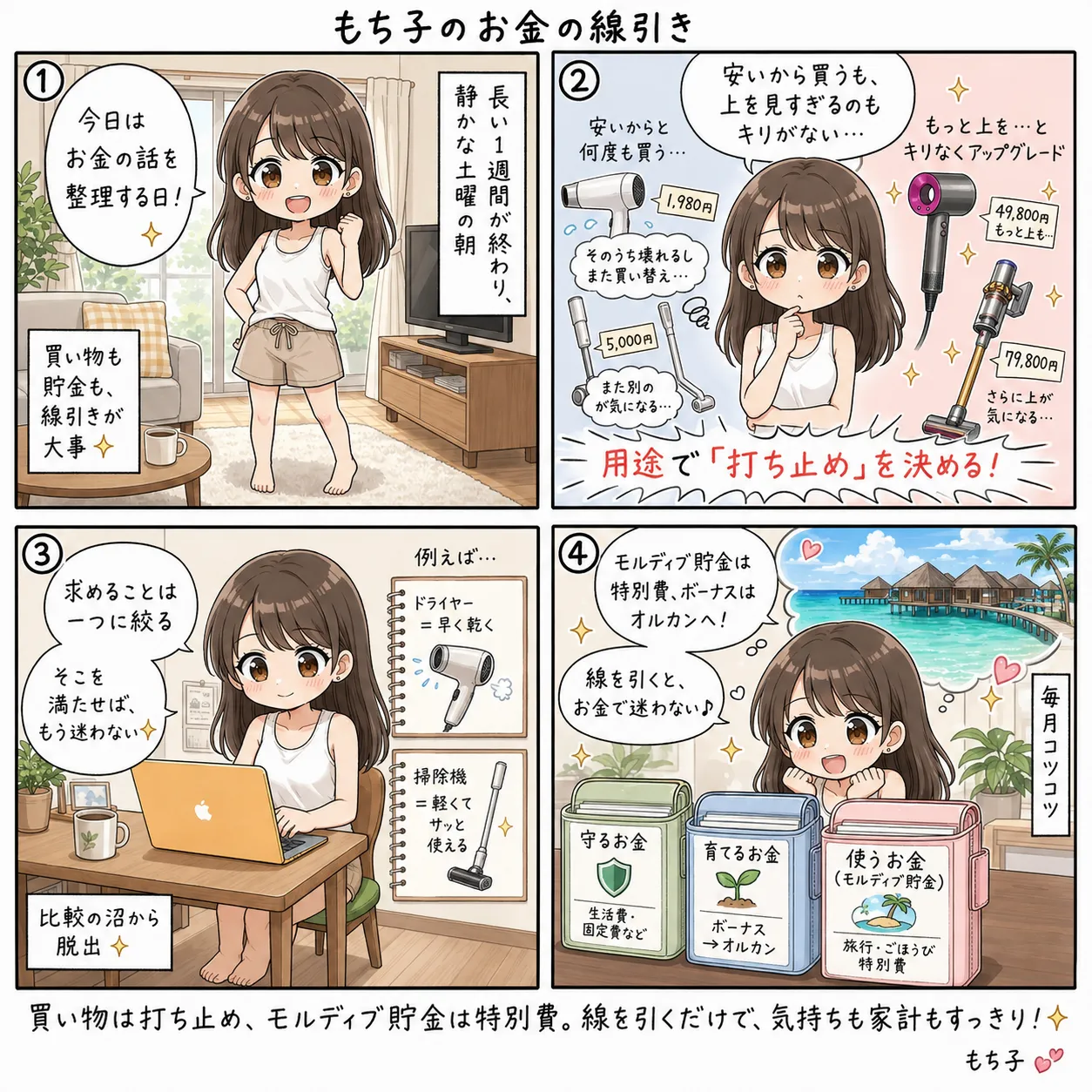 買い物は用途で打ち止めを決め、モルディブ貯金は特別費、ボーナスはオルカンへ。守る・育てる・使うの3つに線を引いて、お金で迷わなくなったもち子(4コマ)