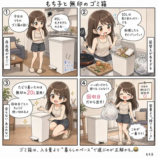 無印のゴミ箱は20L袋用がちょうどよかった。45Lは大きすぎ、10Lは小さすぎ。ひとり暮らしがたどり着いたゴミ箱の理想形(4コマ漫画)
