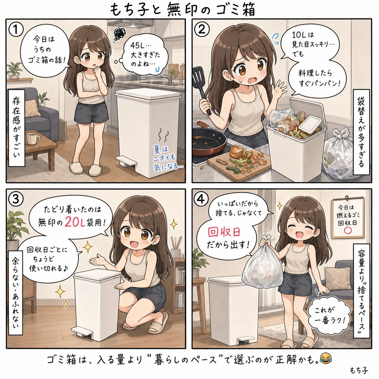 45Lは大きすぎて10Lは小さすぎた。無印良品の20L袋用ダストボックスにたどり着いたもち子。回収日ごとに袋をちょうど使い切れて、余りもあふれも出ないちょうどよさに満足する(4コマ)