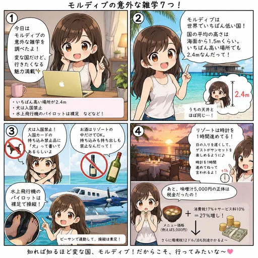 モルディブの意外な雑学7つ。犬は入国禁止、パイロットは裸足、リゾートは時計を1時間ずらす。貯金より先に笑った火曜の夜(4コマ漫画)