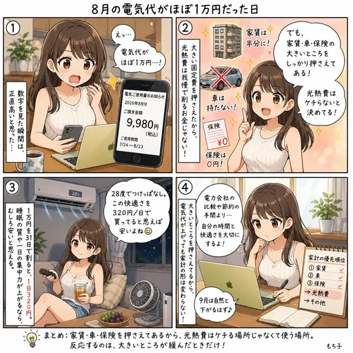 8月の電気代がほぼ1万円だった。エアコンつけっぱなしの請求は高いけど、家賃と車と保険を押さえてあれば光熱費はケチらない(4コマ漫画)
