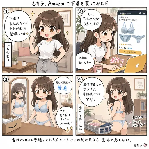 Amazonで下着を買ってみた。ブラとショーツとTバックの3点セット、意外と悪くない。着け心地は普通、値段の割に見た目がいい(4コマ漫画)