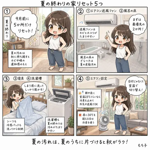 夏の終わりの家リセット5つ。エアコンの送風ファン、風呂の床、寝具、洗濯槽、エアコン設定。9月前に済ませると秋がラクになる(4コマ漫画)