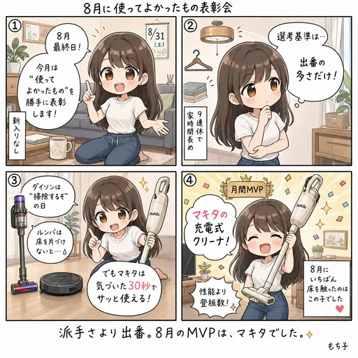 8月に使ってよかったものまとめ。月間MVPはマキタの掃除機。家の道具をひとりで勝手に表彰しました(4コマ漫画)