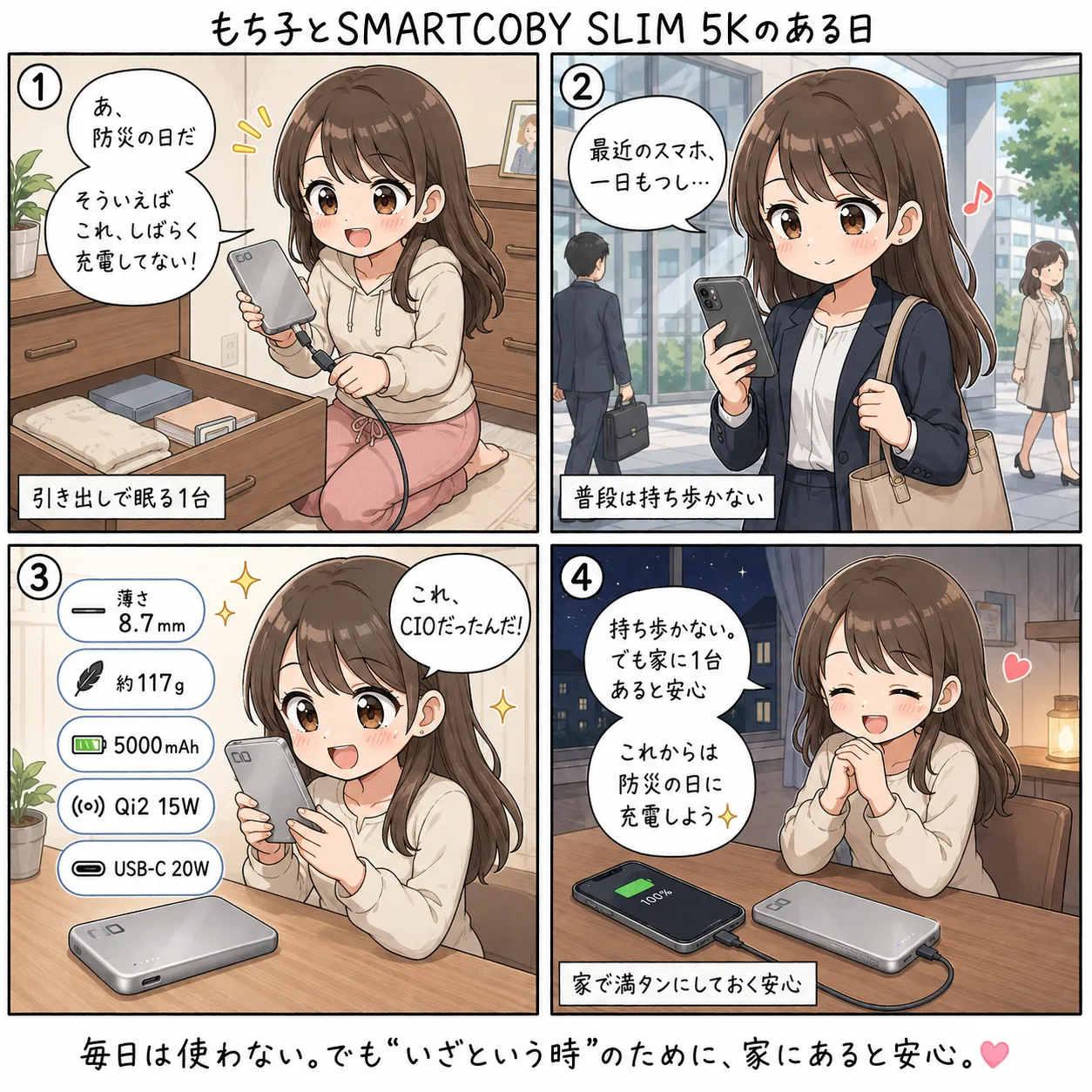 普段は引き出しで眠っているCIOの薄型モバイルバッテリーを、防災の日に思い出して充電するもち子(4コマ)