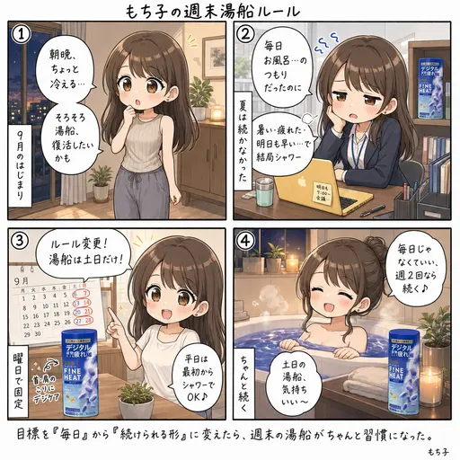 湯船は土日だけ、週2回。平日はシャワーで済ませる。毎日浸かる目標をやめたら、秋の湯船がちゃんと続くようになった(4コマ漫画)