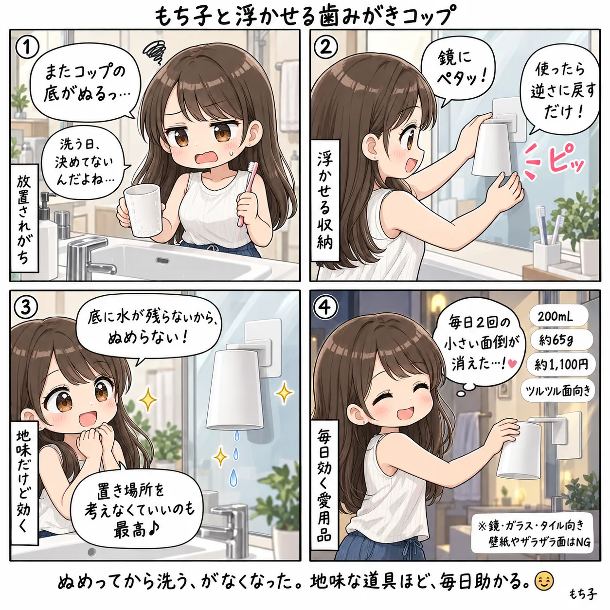 洗面所の鏡にフィルムフックを貼り、山崎実業towerのマグネットタンブラーを逆さにくっつけるもち子。ひっくり返すだけで歯磨きコップがぬめらなくなった(4コマ)