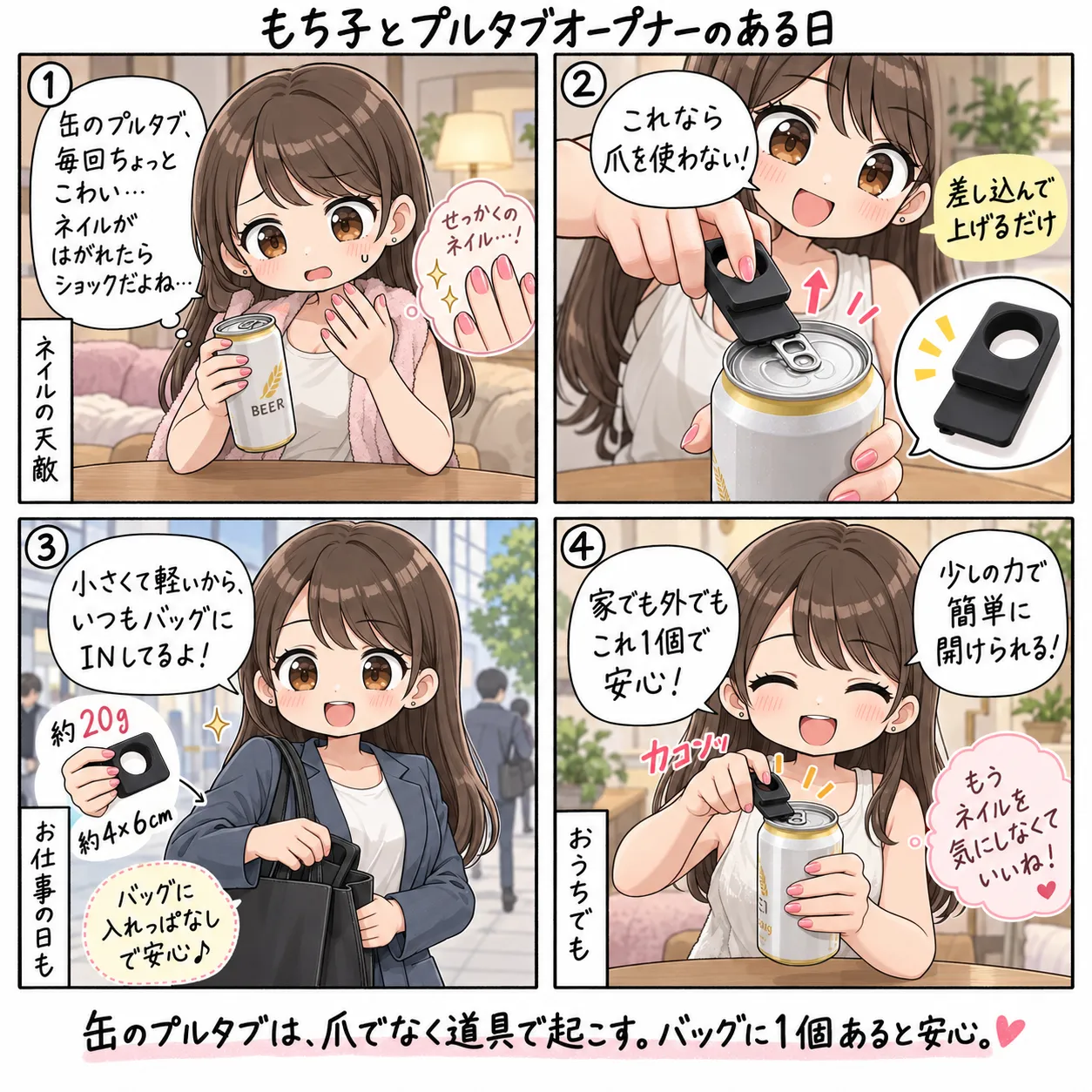 バッグに入れている山崎実業towerのキャップ・プルタブオープナーで、ネイルの爪を使わずに缶を開けるもち子(4コマ)
