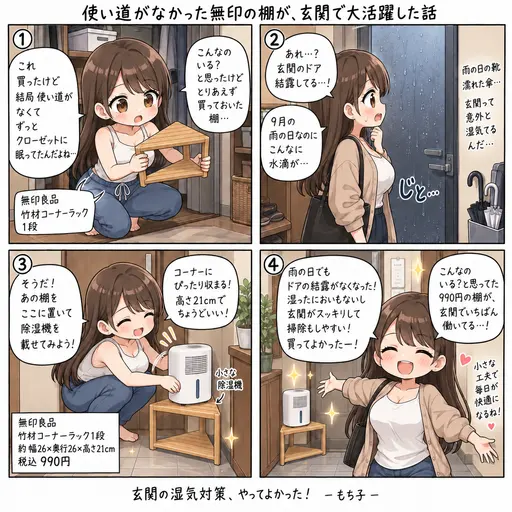 無印の竹材コーナーラック1段を玄関に置いたら、小さな除湿機の定位置になった。こんなのいる?と思っていた990円が、ドアの結露を消した話(4コマ漫画)