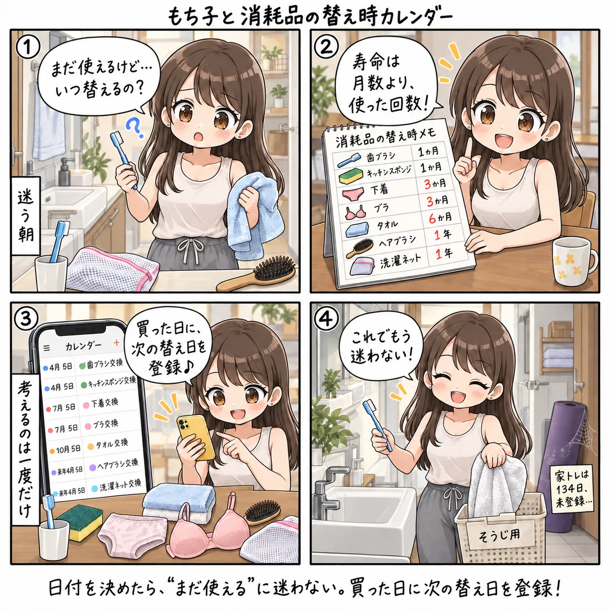 洗面所で歯ブラシとタオルを手に替え時に迷い、消耗品の寿命を回数で決めてスマホのカレンダーに次の替え日を登録するもち子(4コマ)