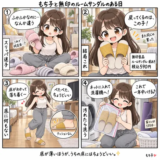 無印のルームサンダル・前あきを、また買い替えた。いろいろスリッパを試してきて、底に何もない590円がいちばん足に馴染む(4コマ漫画)
