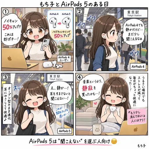 AirPods 5を買ったらノイキャンが別物だった。AirPods 4から買い替えて、音楽じゃなく静寂にお金を払った話(4コマ漫画)