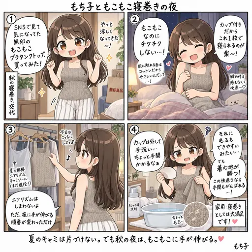 寝巻きがもこもこに交代した。無印のカップ付きタンクトップ1枚で寝るようになって、夏のキャミは夏の担当になった(4コマ漫画)