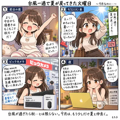 寝巻きはもこもこにしたのに、台風一過で夏が戻ってきた。秋の服で出かけようとして、ノースリーブに着替え直した火曜日(4コマ漫画)