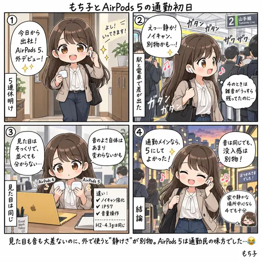 連休明け、AirPods 5を初めて外で使ったら、音は同じなのに没入感が別物だった。見た目そっくりの4と5を比べた話(4コマ漫画)