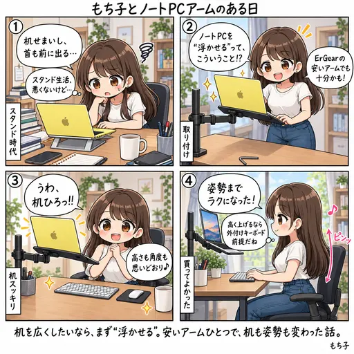 ノートパソコンを、スタンドからアームに乗せ替えた。浮かせてみたら最高で、机がスッキリして、姿勢までよくなった話(4コマ漫画)
