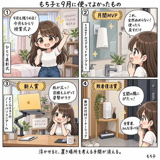 9月に使ってよかったものまとめ。ひとりで表彰していたら、受賞者がみんな床や机から浮いていた(4コマ漫画)