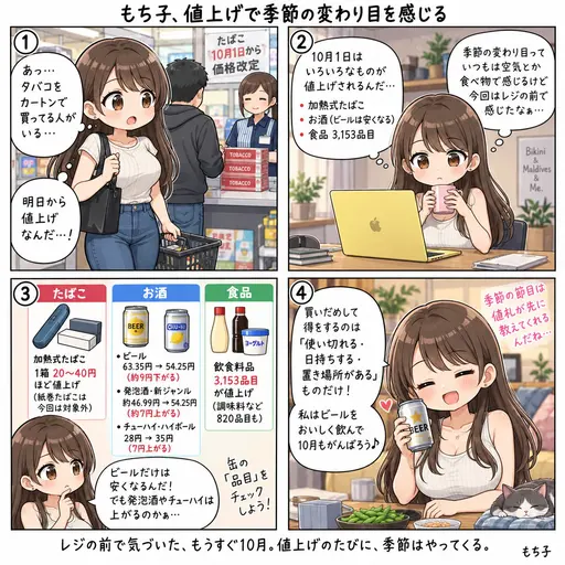 コンビニで、タバコをカートンで買っている人がいた。明日から値上げなんだ、と気づいた9月最後の日(4コマ漫画)