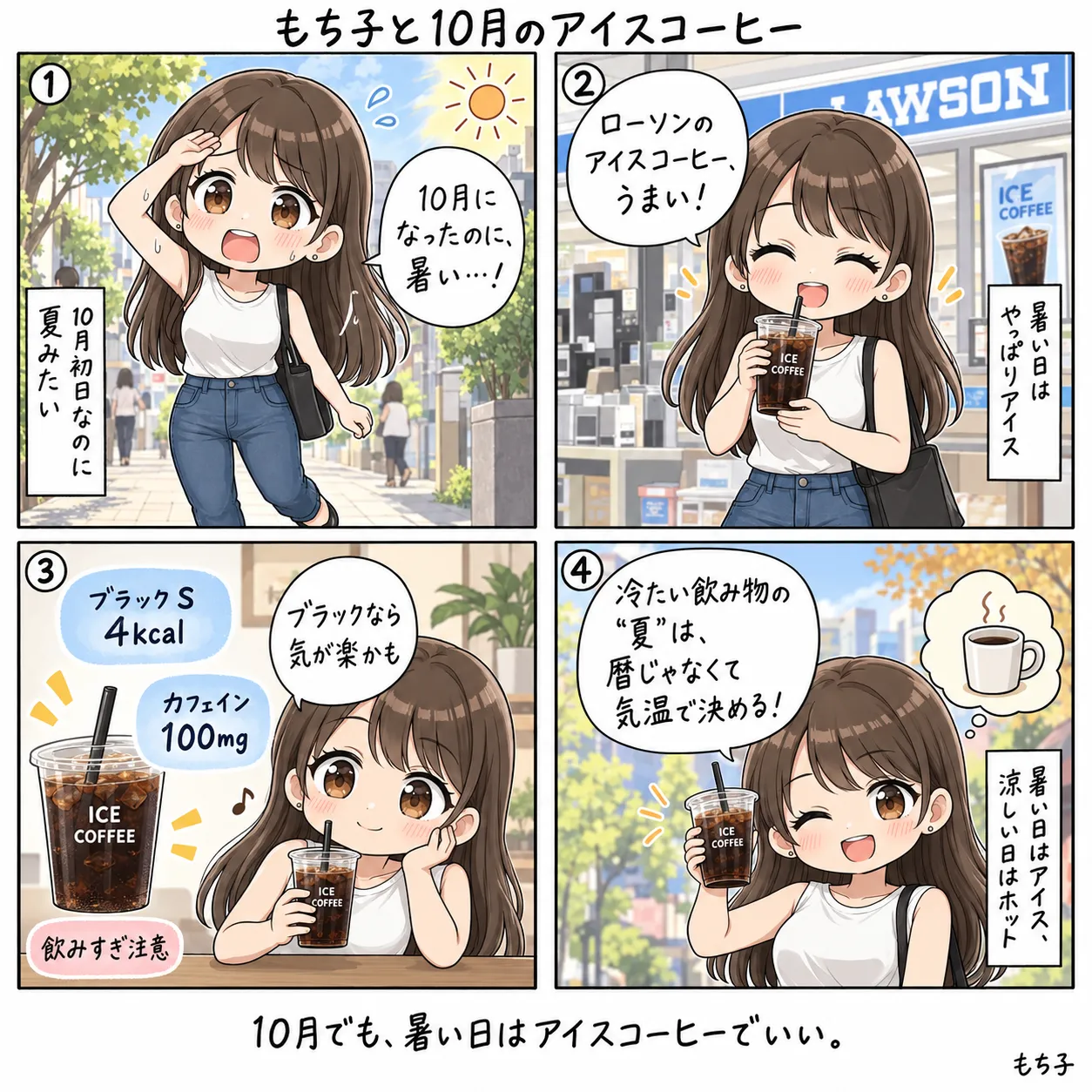 10月になったのに暑い日、ローソンのアイスコーヒーをブラックで飲んで「うまい」と喜ぶもち子。ブラックのSは4kcal、カフェインは100mg。冷たい飲み物の夏は暦じゃなくて気温で決め、暑い日はアイス、涼しい日はホットにする(4コマ)