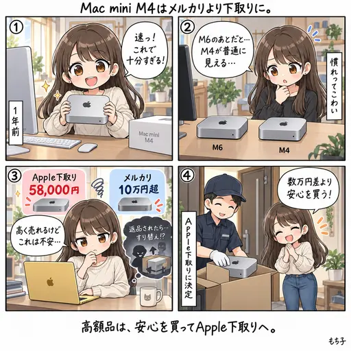 1年前は「速っ!」と感動したMac mini M4が、M6のあとだと遅く見える。いいものに慣れると人間ダメだなと思いながら、メルカリではなくAppleの下取りに出した話(4コマ漫画)