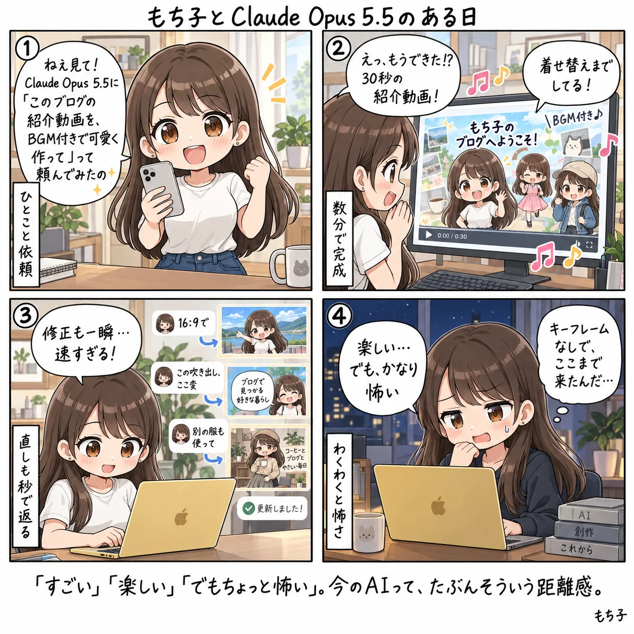 Claude Opus 5.5に「このブログの紹介動画を、BGM付きで可愛く作って」とひとこと頼んだもち子。数分で30秒の紹介動画ができて着せ替えまでしていることに驚き、16:9に・吹き出しを直して・別の服も使って、の直しも秒で返ってくる。夜、キーフレームなしでここまで来たんだと、楽しいけれどかなり怖いと考え込む(4コマ)