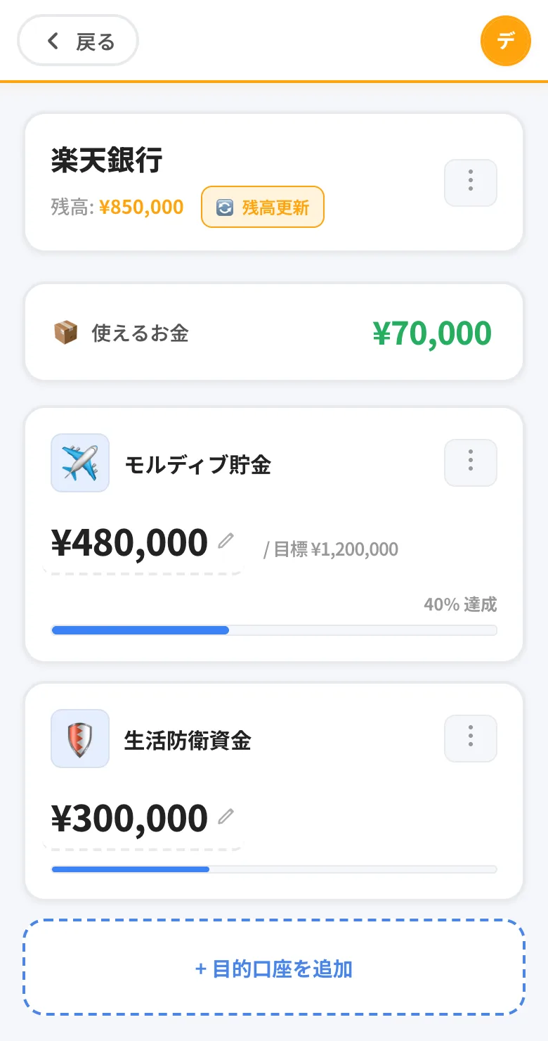 楽天銀行の中の袋分け画面。使えるお金70,000円、モルディブ貯金480,000円(目標1,200,000円の40%達成)、生活防衛資金300,000円が並ぶ(デモ画面)